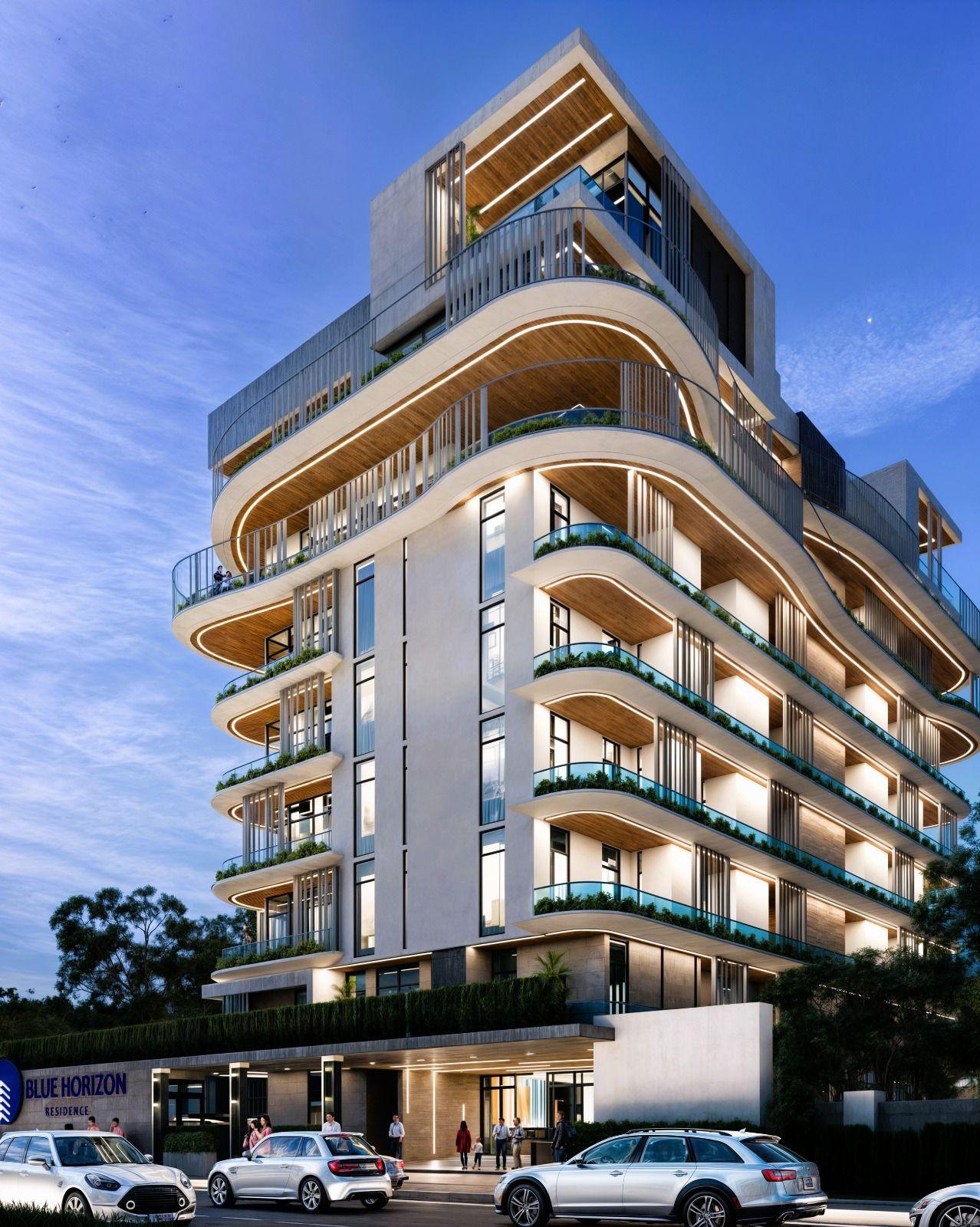 Blue Horizon at dusk with lit balcony soffits, artist’s impression