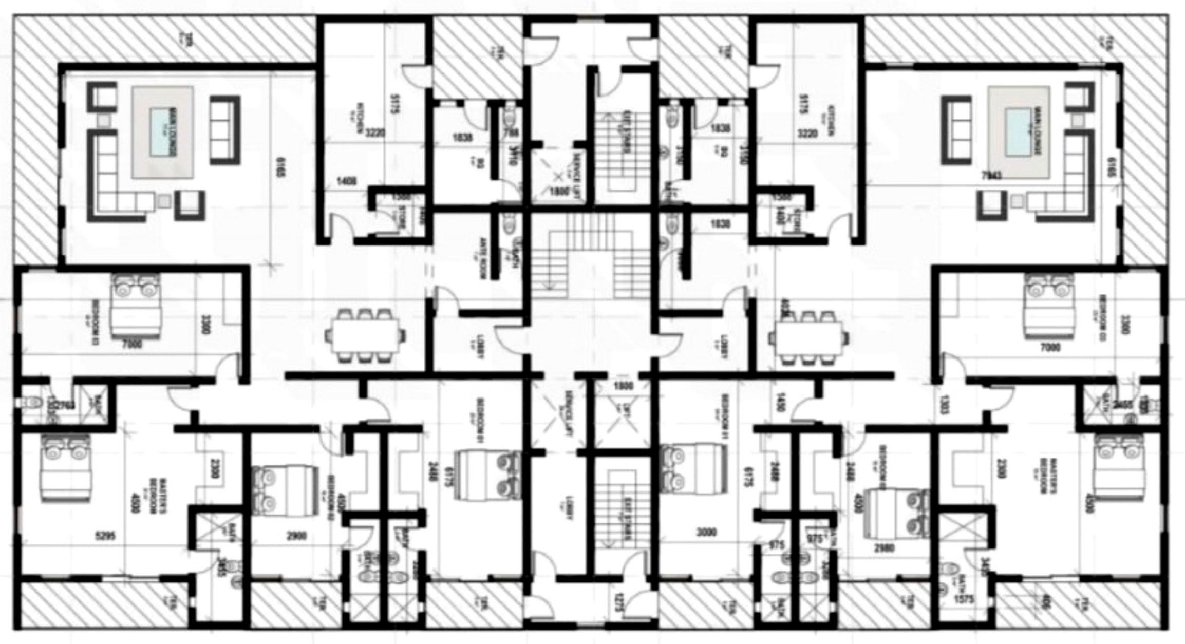 Blue Horizon typical floor plan showing two mirrored four-bedroom residences around a central lift and stair core