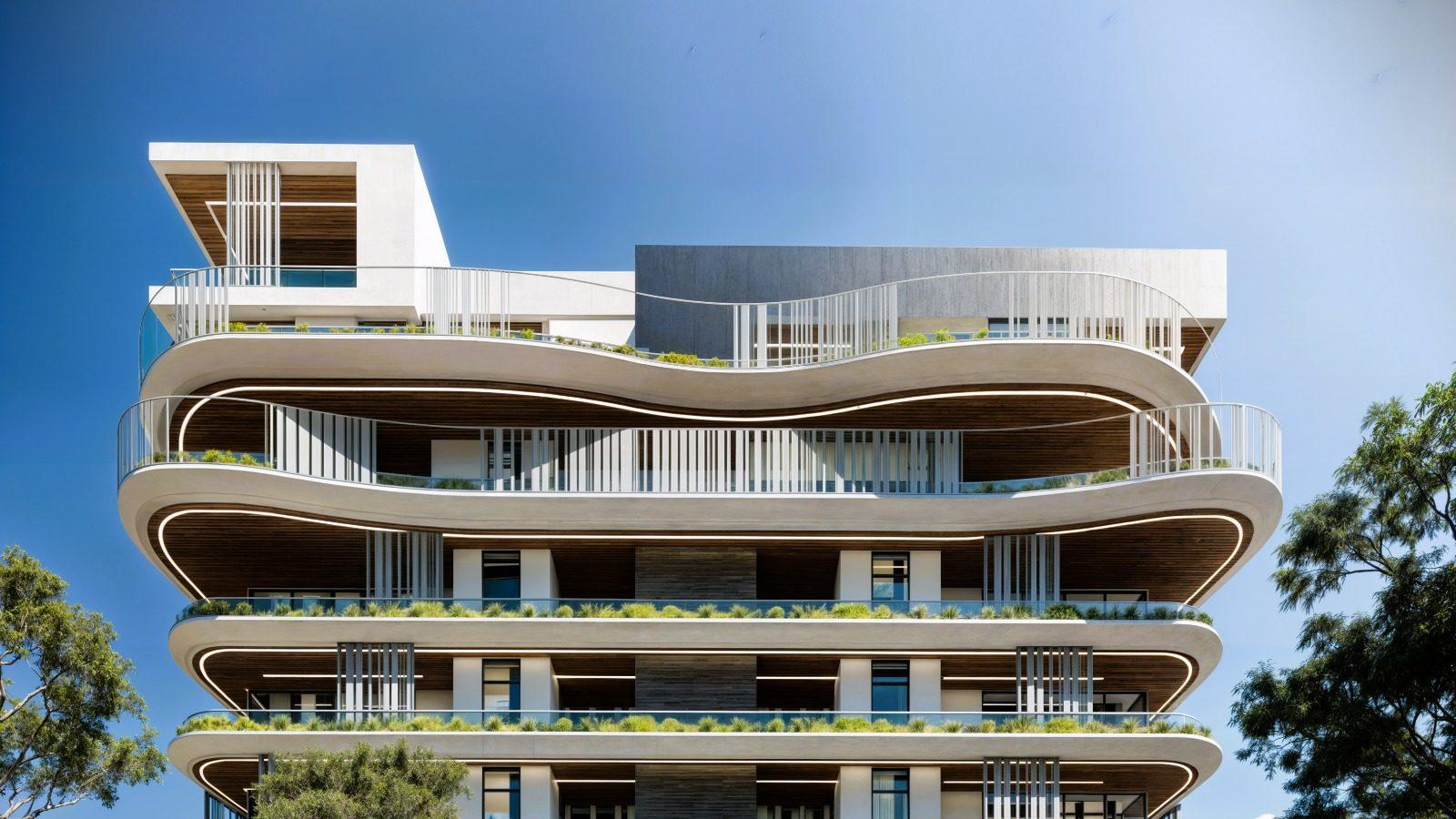 Blue Horizon’s sculpted, planted balconies against a clear sky, artist’s impression